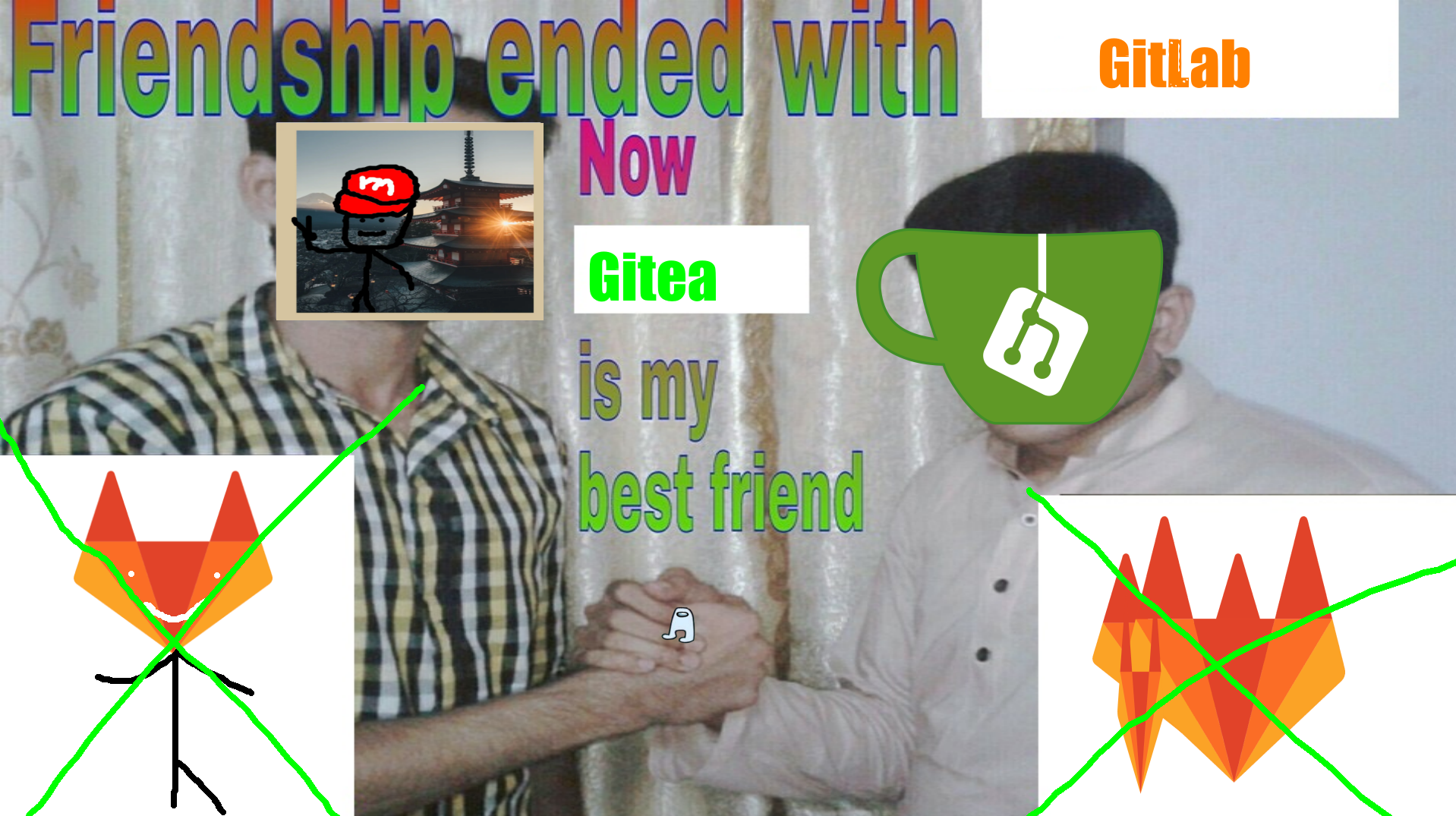 A good old meme showing me and Gitea shaking hands